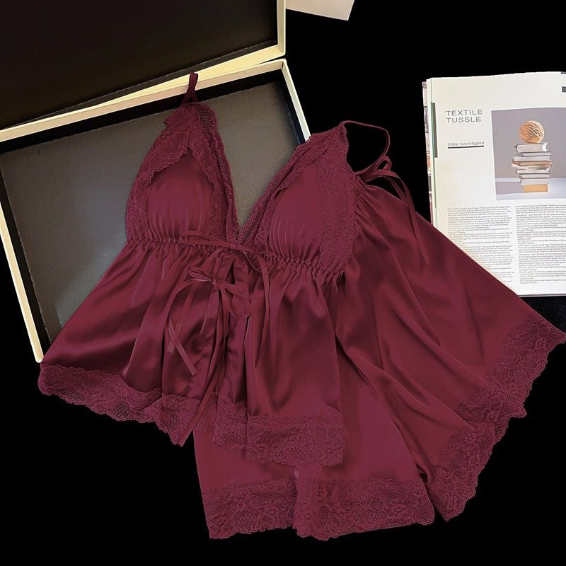 Women's Sweet and Feminine Niche-Style Front-Tie V-Neck Nightgown