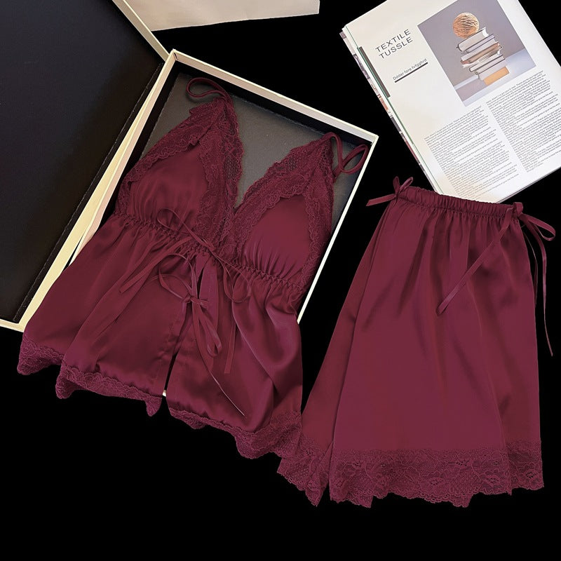 Women's Sweet and Feminine Niche-Style Front-Tie V-Neck Nightgown