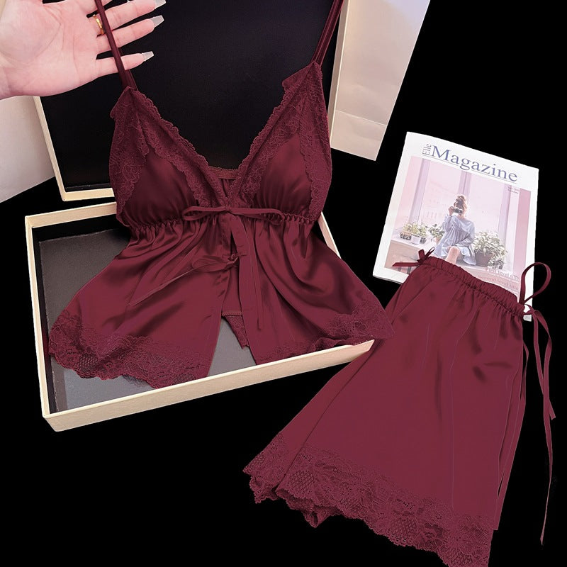 Women's Sweet and Feminine Niche-Style Front-Tie V-Neck Nightgown