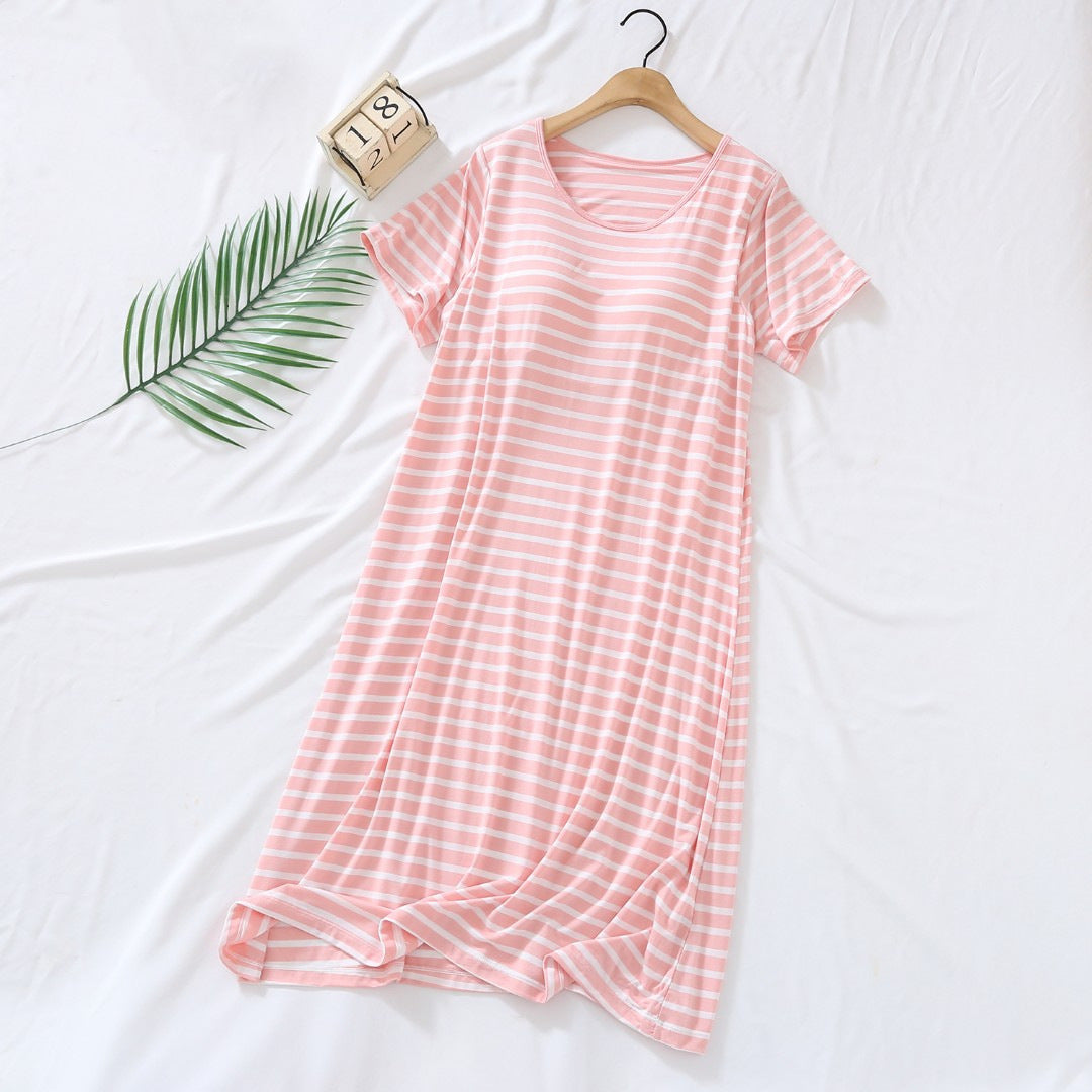 Women's Striped Midi-Length Nightgown with Padded Cups