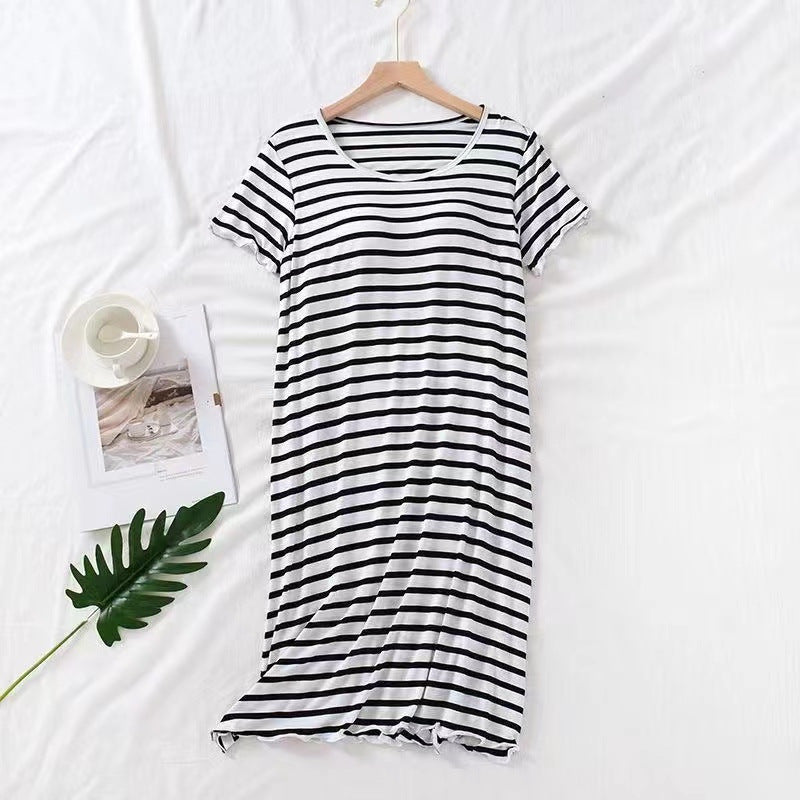 Women's Striped Midi-Length Nightgown with Padded Cups