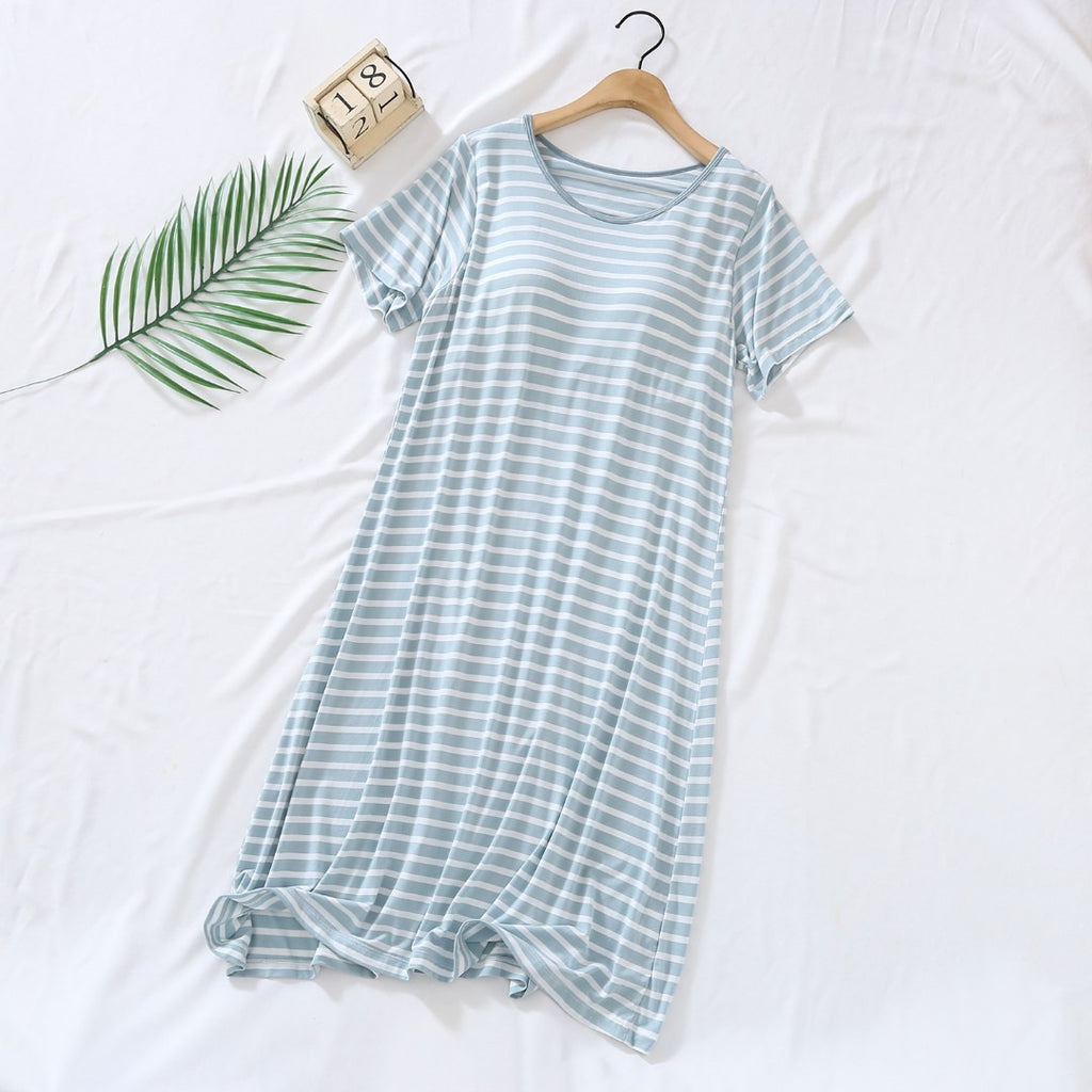 Women's Striped Midi-Length Nightgown with Padded Cups