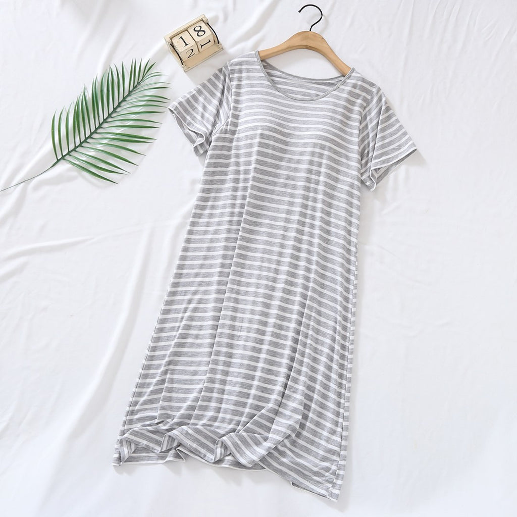 Women's Striped Midi-Length Nightgown with Padded Cups