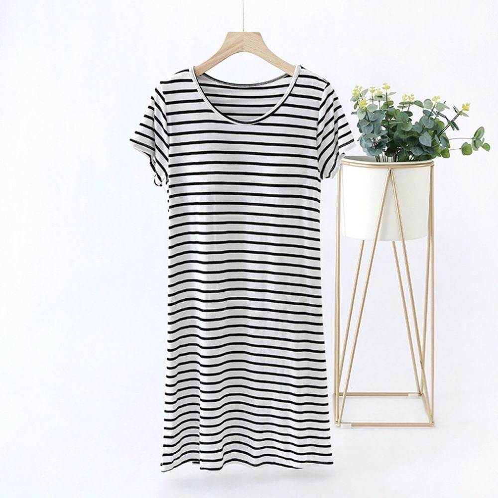 Women's Striped Midi-Length Nightgown with Padded Cups