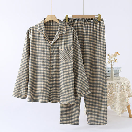 Men's Double-Layer 100% Cotton Checkered Loungewear, Yarn-Dyed