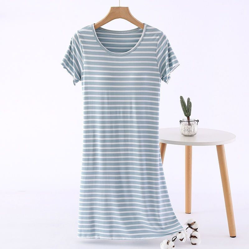 Women's Striped Midi-Length Nightgown with Padded Cups