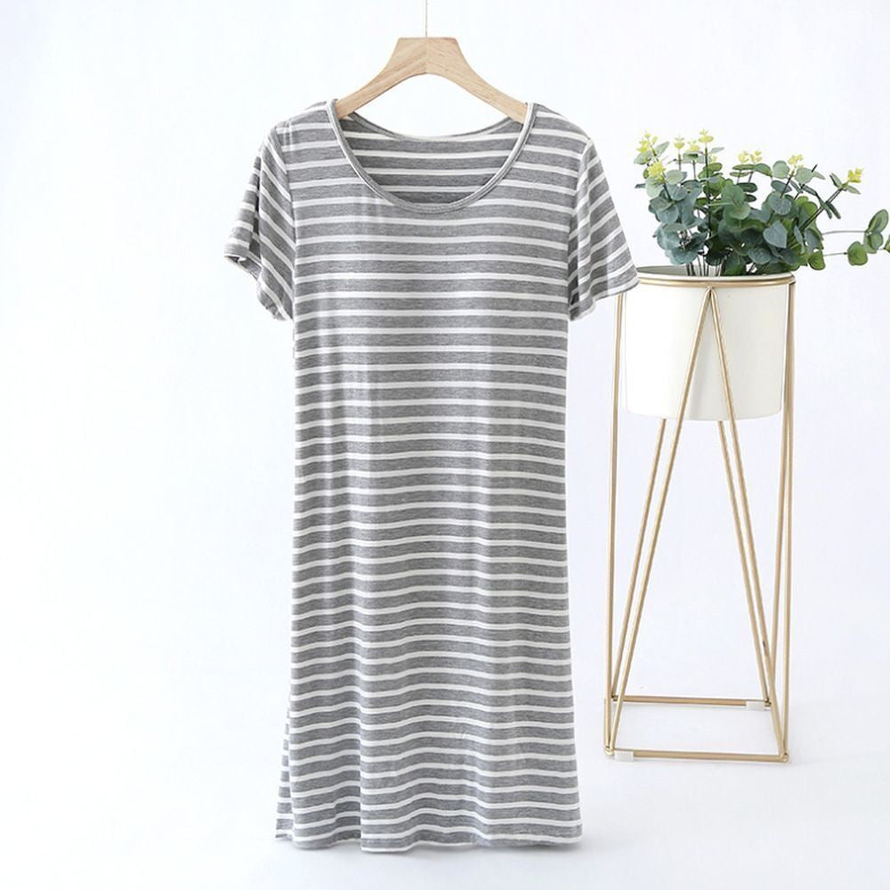 Women's Striped Midi-Length Nightgown with Padded Cups