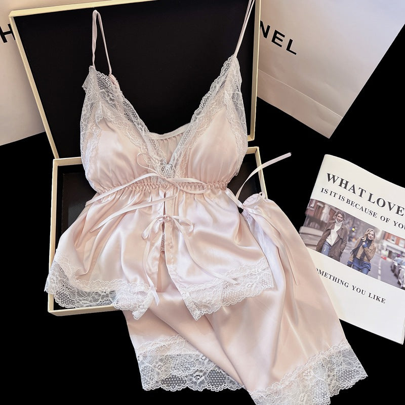 Women's Sweet and Feminine Niche-Style Front-Tie V-Neck Nightgown